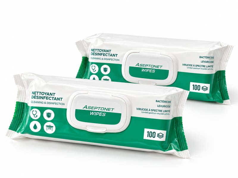 Aseptonet Wipes in een hersluitbare verpakking; bewerkt productbeeld